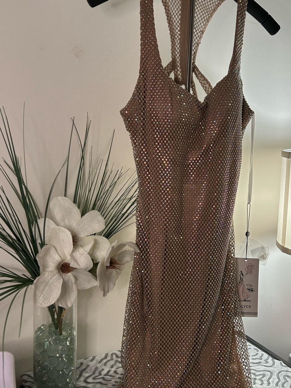 Alyce Paris Metallic Rose Gold Strapless Sequin Mesh Dress